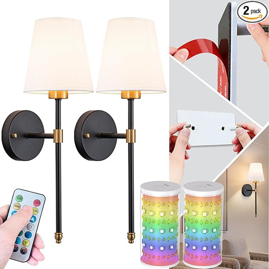 Peel and Stick Wall Sconces, Stick On Wall Sconce Set of 2, Battery Operated Wireless Adhesive Wall Lights, Corn Bulb with 10000mAh Battery, Easy Install for Bedroom Living Room Wall Decor