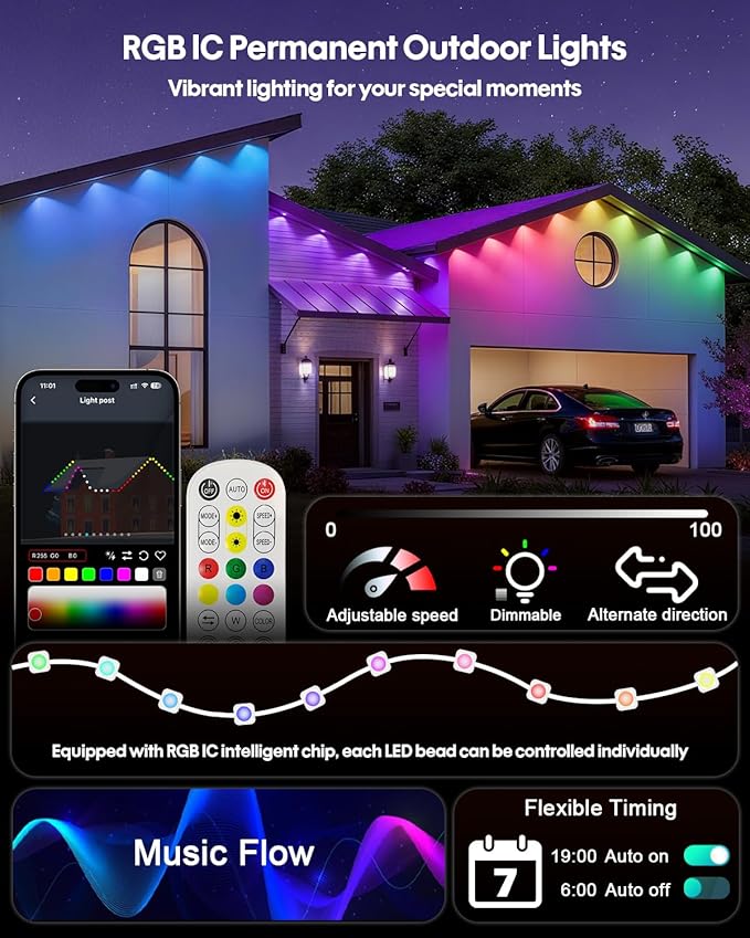Super RGB Smart Permanent Outdoor Lights, 50FT 30LEDs Color Changing RGB IC Wall Lights, APP & Remote Control, Music Sync, Dynamic Lighting for House, Living Room, Ceiling, Eave Party Xmas Decoration