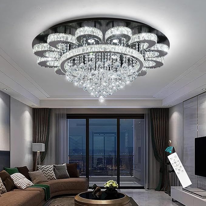 HAIXIANG Modern Chandelier Living Room Light Glam Chandeliers Ceiling Light Fixture Remote Dimmable Lights 40 Inches Luxury Crystal Black Dining Room Lights