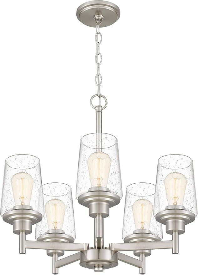 Jacob Modern 5-Light Chandelier Pendant Ceiling Light Brushed Nickle Seeded Glass Shade Adjustable Height for Hallway, Entryway, Passway, Dining, Bedroom, Kitchen