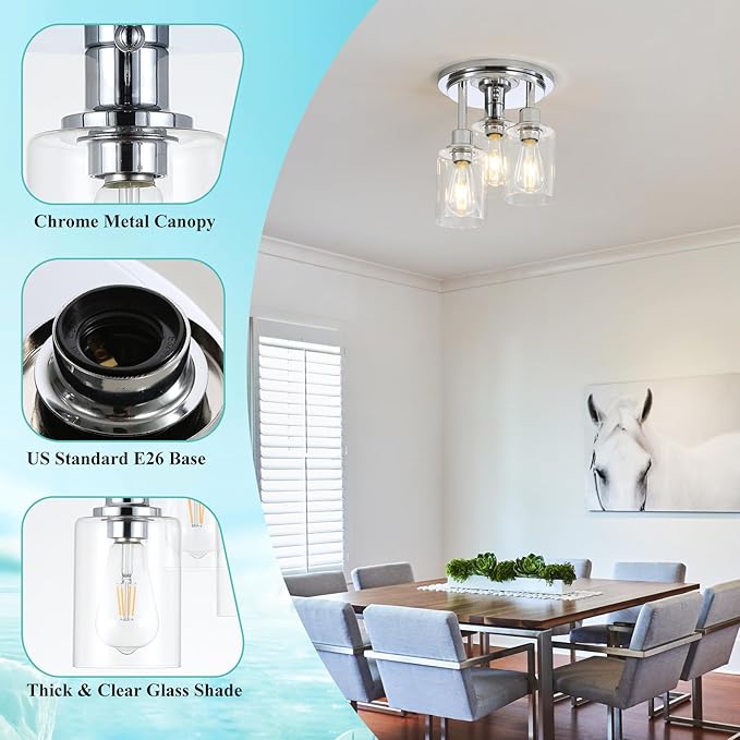 Chrome Semi Flush Mount Ceiling Light, Modern 3-Light Glass Ceiling Light Fixture, 11.2'' Ceiling Lamp for Kitchen, Bedroom, Hallway, Entryway