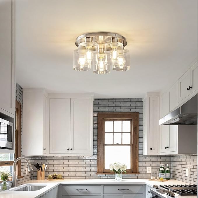 OKELI 5-Lights Semi Flush Mount Ceiling Light Kitchen Lighting Fixtures Ceiling Brushed Nickel Kitchen Cieling Light Fixtures with Clear Glass Shade for Dining Room Entryway Foyer Hallway