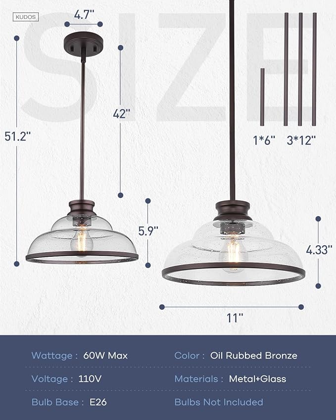 kudos Pendant Lights Kitchen Island, 11" Oil Rubbed Bronze Kitchen Island Lighting with Seeded Glass Shade, Farmhouse Large Hanging Light Fixture for Kitchen Sink Dining Room, KDPL14-ORB-2PK