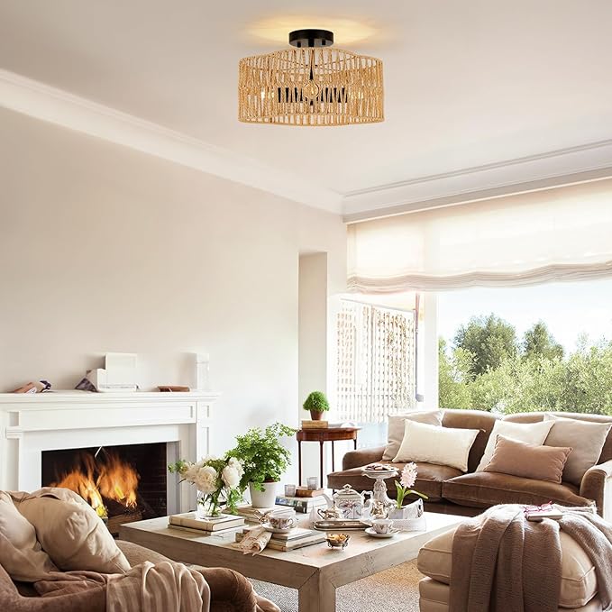 13.4" Boho Light Fixtures Flush Mount,Modern 4-Light Rattan Ceiling Light Fixtures,Flower-Shaped Close to Ceiling Light Fixture for Bedroom Nursery Hallway Kichen Room