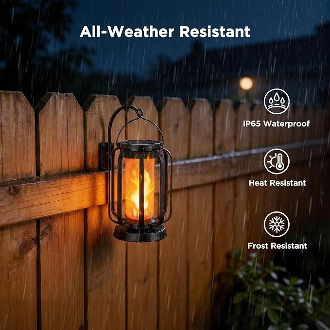Hompavo Gen2 Solar Lanterns Outdoor Lights with Ultra-Real Flame, 2 Charging (USB/Solar) & 4 Modes - Waterproof Decorative Hanging/Table Lights for Pathway Yard Patio Garden Decor Gifts for Women, 4