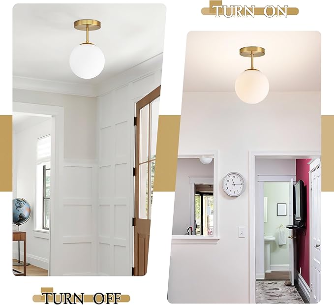 Gold Globe Semi Flush Mount Ceiling Light,Mid Century Modern Light Fixture Ceiling,Globe Ceiling Light for Hallway Living Room Kitchen Bedroom Storage Schoolhouse Laundry(Bulb Incl.)