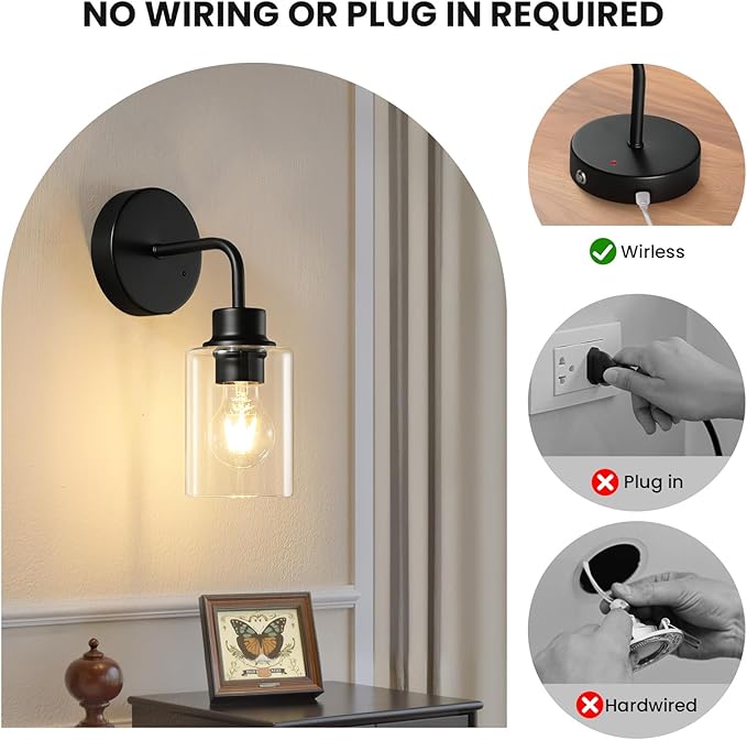 Epinl Battery Operated Wall Sconce Set of 2, Wireless Dimmable & Rechargeable Wall Lights with Timer Remote, 5000mAh Cordless Sconces for Bedroom Living Room Hallway Corridor, Black