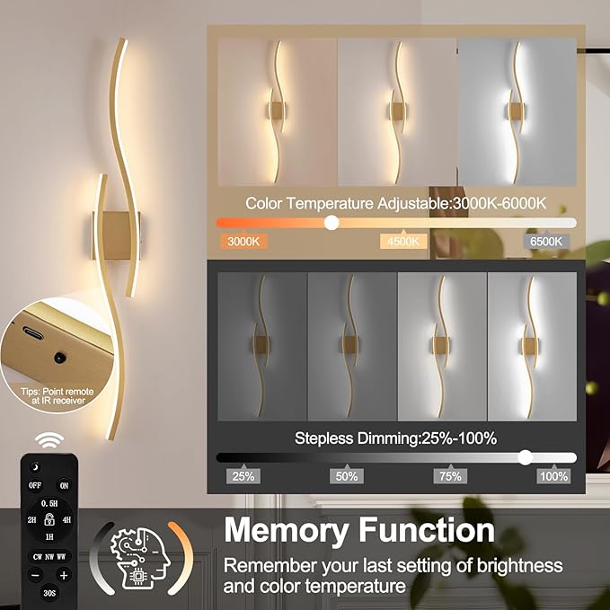 Modern LED Wall Sconce Set of Two, Dimmable Battery Powered Wall Sconces, 3000K-6500K Wireless Wall Light, Rechargeable Wall Lamp Indoor not Hardwired for Room Bedroom Corridor, 39.3in(Gold)