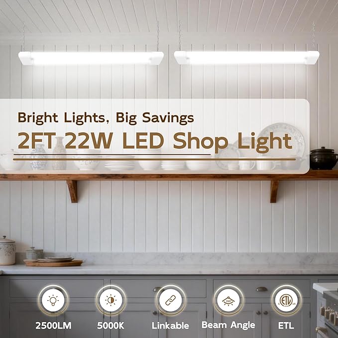 hykolity 4 Pack LED Shop Light 2FT, 22W [200W Equivalent],2400lm, 5000K Daylight,with Plug,Linkable Led Garage Ceiling Lights,Shop Lights for Garage, Workshop,Hanging or Surface Mount, White