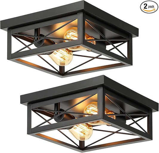 2-Light Industrial Square Flush Mount Ceiling Light, Farmhouse Ceiling Light Fixture for Kitchen, Modern Black Close to Ceiling Light for Hallway Bedroom Balcony Porch Stairway, E26, 2-Pack