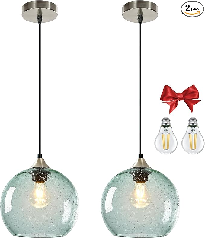 9.1in Large Light Green Glass Pendant Light for Kitchen Island, 2-Pack with Extra LED Bulbs & 4.92ft Adjustable Cord | Modern Minimalist Lighting for Dining Room, Living Room, Entryway
