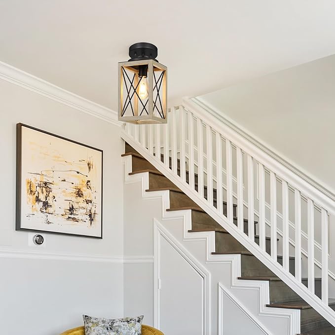 DEWENWILS Farmhouse Pendant Light, Metal Hanging Light Fixture with Wooden Grain Finish, 48" Adjustable Pipes for Flat and Slop Ceiling, Kitchen,Island, Living Room, Bedroom, E26 Base