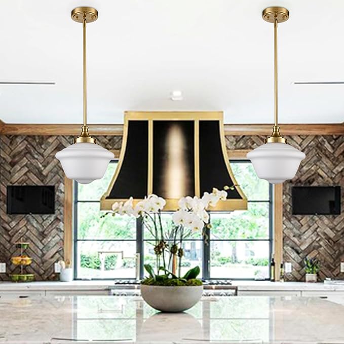 SAMTEEN Modern Gold Pendant Light Schoolhouse Light Fixture 10-Inch White Glass Pendant Lighting for Kitchen Island Adjustable Height Brass Hanging Light Kit for Dining Room Hallway