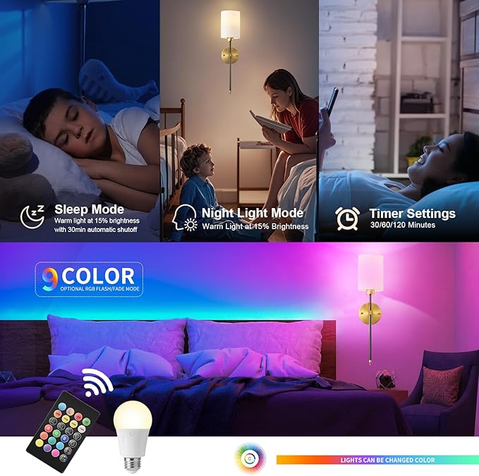 Battery Operated Wall Sconce Set of Two, Wireless Rechargeable Wall Light With Remote Control, Dimmable, 4 Color Temperatures, RGB, Timer, for Living Room,Bedroom,Entryway, Black Gold, 26.8 Inch