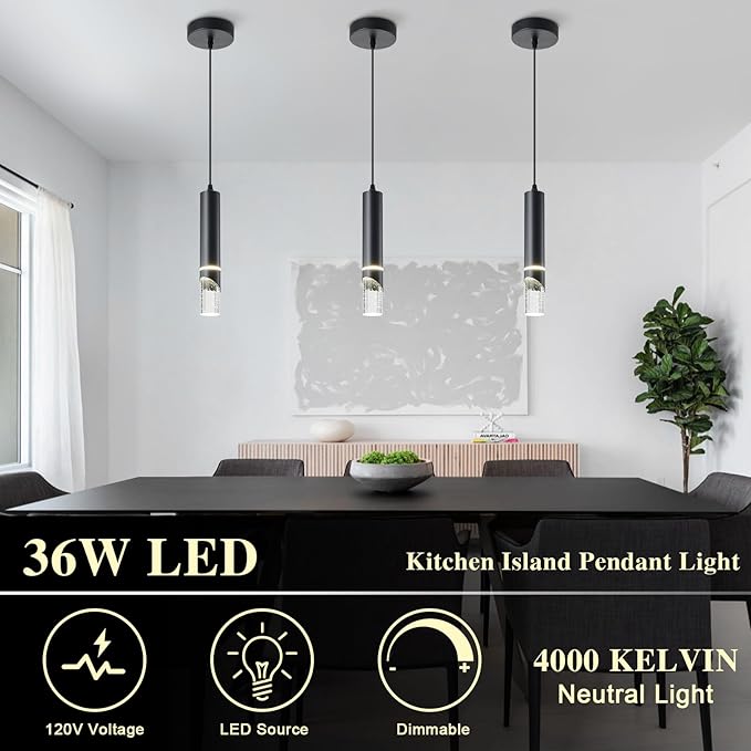 Pendant Lights Kitchen Island Dimmable LED 1-Light Black Pendant Hanging Light with Bubble Crystal Shades, Modern Kitchen Pendant Lighting Mini Pendant Light