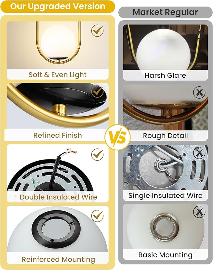 Yunnix Pendant Lights Kitchen Island, Pendant Light Fixtures, 2 Pack Modern Black and Gold Globe Glass Pendant Lighting, Mid Century Chandelier One Light for Bathroom Bedroom Dining Room