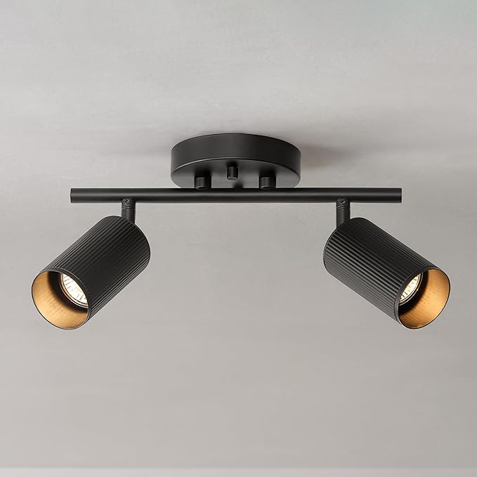 Globe Electric 64000114 2-Light Track Lighting Spotlight, Matte Black Finish, Ribbed Shades, Adjustable Heads, Compact 12-Inch Fixture, GU10 Base, Easy Installation