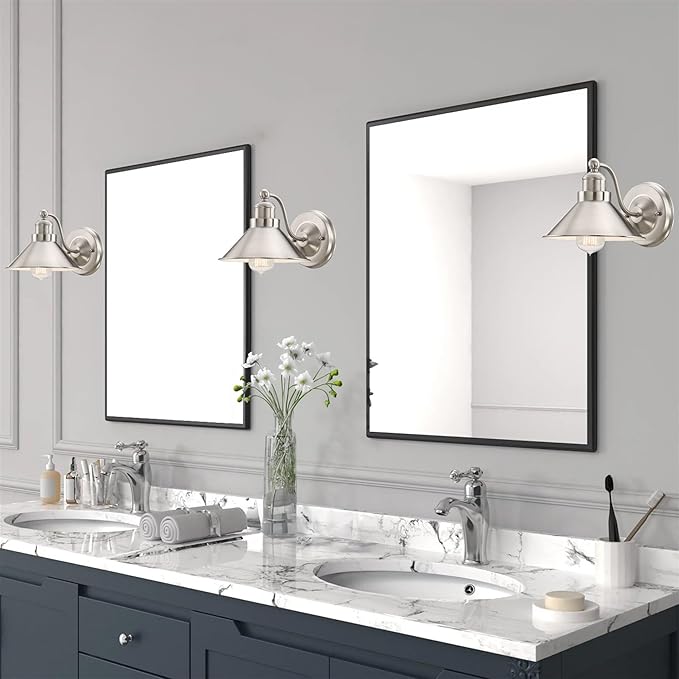 Kira Home Welton 11" Modern Farmhouse Vanity Light with Funnel Shade, Industrial Silver Wall Sconce Bathroom Light, Brushed Nickel Finish