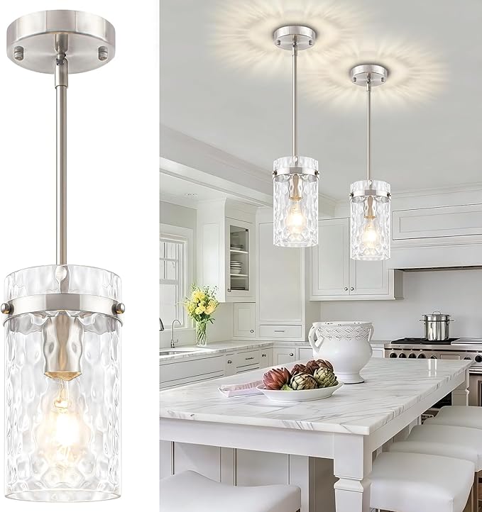 2 Pack Brushed Nickel Pendant Lighting for Kitchen Island, Modern Hand-Blown Glass Kitchen Hanging Light Fixtures Over Island Adjustable Mini Pendan Lights for Hallway Entryway Bathroom Dining Room
