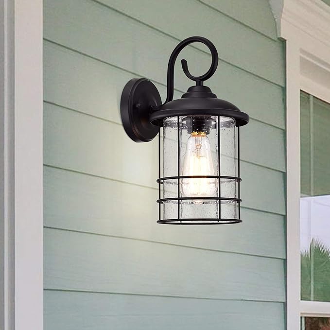 MICSIU 12.25 Inch Outdoor Wall Sconce, Anti-Rust Exterior Light Fixture with Clear Seedy Glass, Matte Black Farmhouse Porch Light for House, Garage, Entryway, Patio, Dimmable, 1-Pack