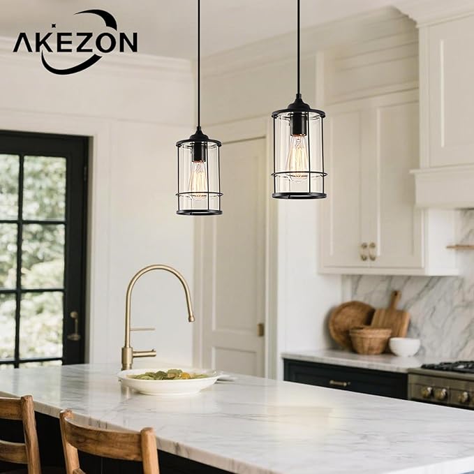 AKEZON Black Pendant Light Kitchen Island Glass Pendant Light Fixture, Kitchen Hanging Lights with Clear Glass, Modern Farmhouse Cage Pendant Lights for Dining Room Hallway Bathroom
