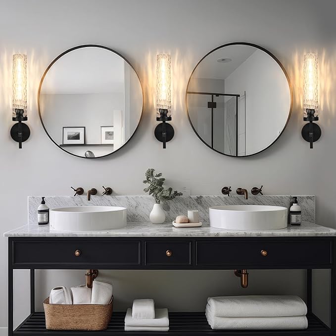 Brass Knurled Bathroom Sconces Set of 2, 19.5 Inch Black Vanity Light Fixtures with Water Ripple Glass Tube Modern Wall Lamp for Bathroom Mirror Bedroom Living Room Hallway