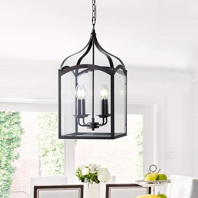 JONATHAN Y 11" Oil Rubbed Bronze 4-Light Traditional Lantern Pendant Light, Metal and Clear Glass Shade, Classic Chandelier for Foyer, Kitchen Island, LED Bulbs Included JYL7403A