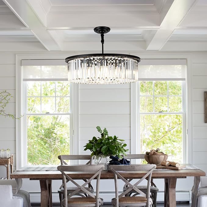 23" Black Crystal Chandelier 8-Light Modern Crystal Pendant Ceiling Light Fixture 2 Rings Luxury Chandeliers,for Dining Room Kitchen Island Living Room Bedroo