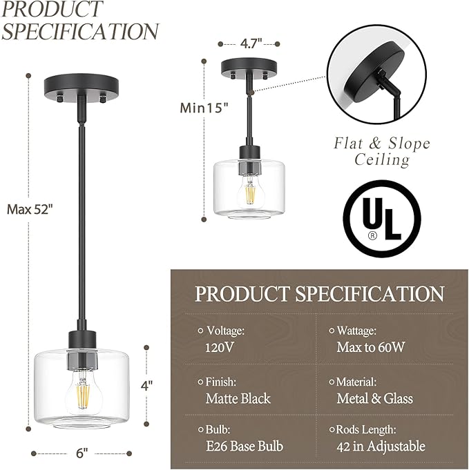 Black Pendant Lights Kitchen Island 2 Pack, Modern Clear Glass Hanging Light Fixtures with Rods, Mini Kitchen Pendant Lighting Over Island for Sink Bathroom, OS-YQ8153-2PBKC