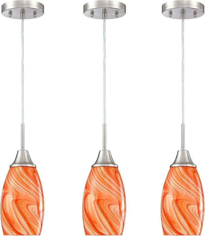 Viinew Mini Glass Pendant Light 4.72" with Handblown Orange Marble Art Glass Hanging Light 3-Pack Oval Ceiling Hanging Light Fixture for Dining Room Kitchen Island Cafe Foyer Hallway