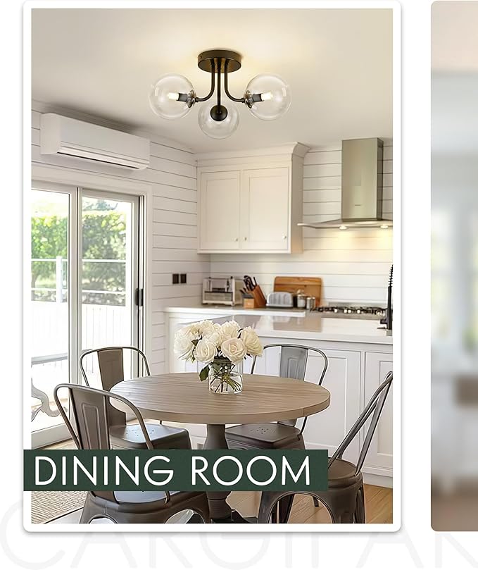 3-Globe Black Flush Mount Ceiling Light in a Modern Farmhouse Design is Ideal for Living Rooms, Matte