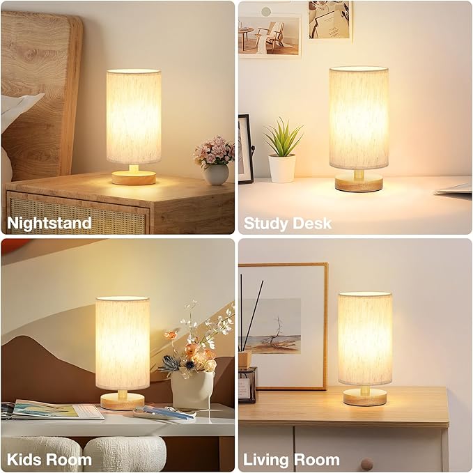 Fenmzee Small Table Lamp for Bedroom - Inline Control, Bedside Lamp with 3000K A15 LED Blub, Easy Assembly (Cream Shade - Wood Base, 9" Inline Control)