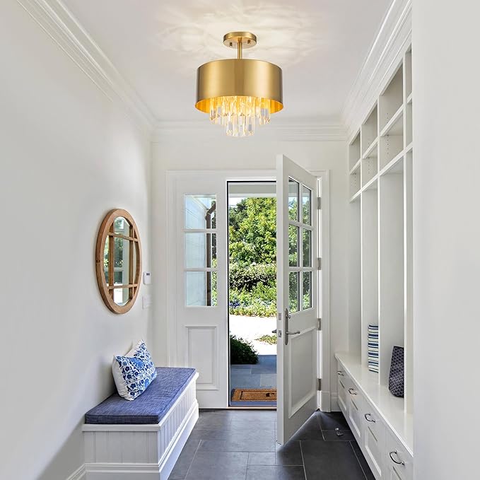 3-Light Luxury K9 Crystal Ceiling Light for Living Room, Foyer, Bedroom, Close to Ceiling Semi-Flushmount Light Fixture, Brass Finish Metal Lampshade & Clear Crystal Pendant