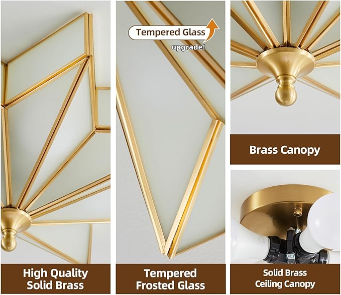 Star Brass Glass Ceiling Light - 19.7 In Large Gold Flush Mount Fixture - Art Deco Mid Century Vintage Modern Moravian Lighting Lights for Bedroom Dining Kitchen Foyer Farmhouse Living Room
