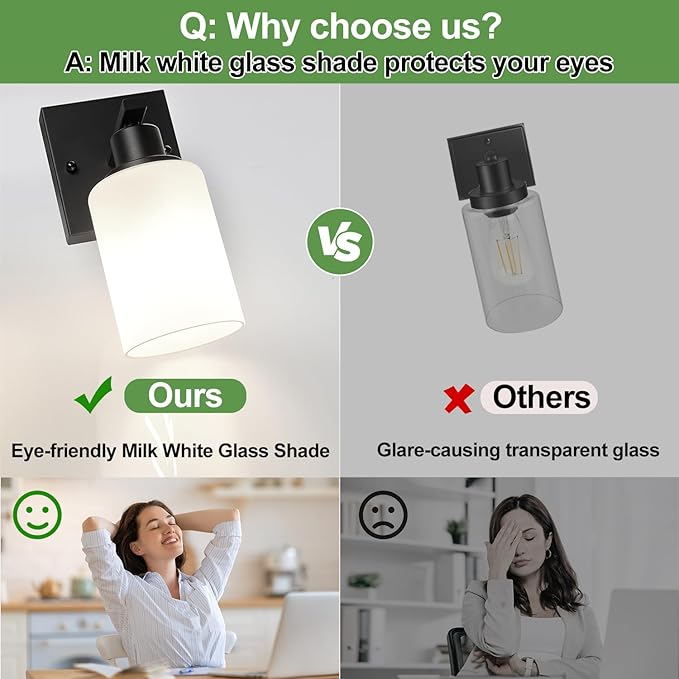 MOKATNG Set of 2 Wall Sconces for Bathroom,Black Modern Vanity Lights with White Glass Shade,Bathroom Wall Lamp for Mirror Kitchen Living Room Hallway Cabinet Porch