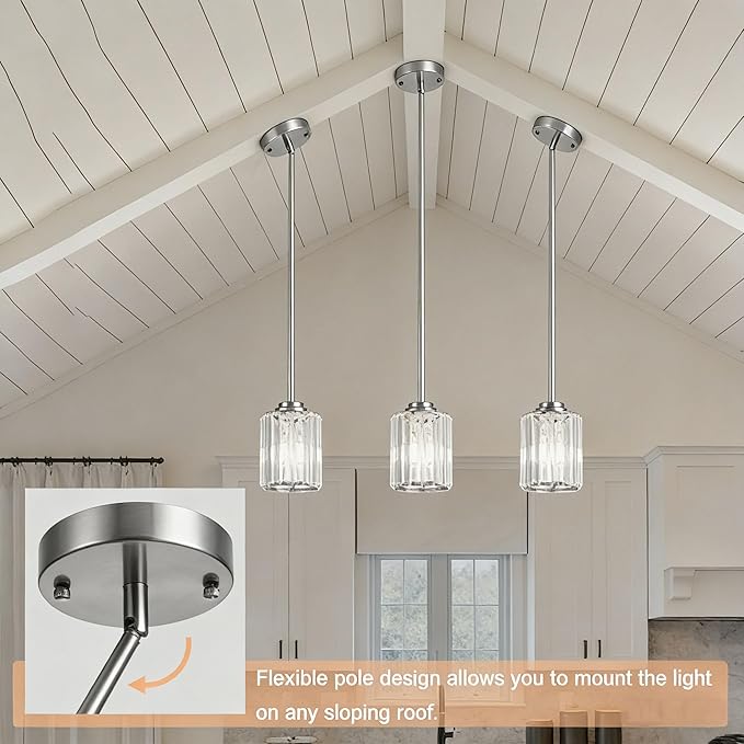 Pendant Lights Kitchen Island 3 Pack, Adjustable High Brushed Nickel Modern Crystal Mini Chandelier Ceiling Hanging Pendant Light Fixtures for Kitchen Hallway Dining Room Bedroom
