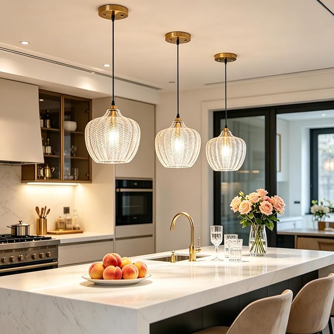 Modern Gold Pendant Light 2 Pack, Clear Glass Kitchen Island Pendant Light Fixture Adjustable Vintage Hanging Ceiling Light for Dining Room Corridor Bedroom 9.45 inch, UL Certification