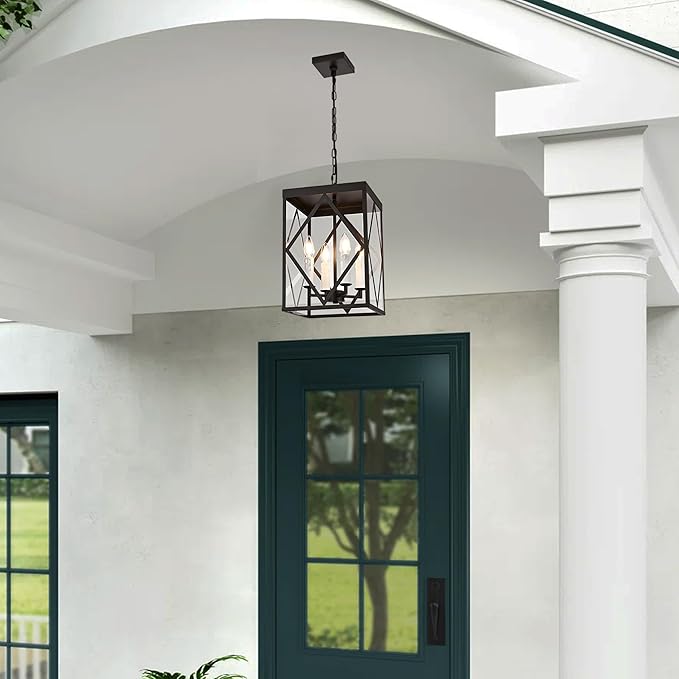 Exterior Hanging Lantern Porch Pendant Lights with Clear Glass Oil Rubbed Brozne Outdoor Pendant Light Adjustable Outside Chandelier Ceiling Mount or Front Porch Entrance Patio Foyer, 4 Light