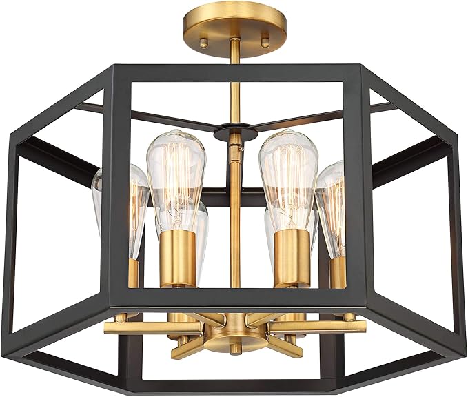 Possini Euro Design Beni Industrial Rustic Farmhouse Ceiling Light Semi Flush-Mount Fixture 20" Wide Antique Bronze Gold 6-Light Open Pentagon Frame for Bedroom Kitchen Living Room Hallway Dining