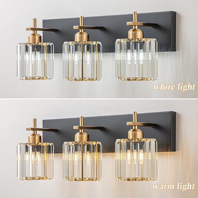 Modern Crystal Bathroom Vanity Lights, 3-Lights Black Gold Bathroom Light Fixtures Over Mirror, Crystal Vanity Light with Polished Gold Finish(Exclude Bulb)