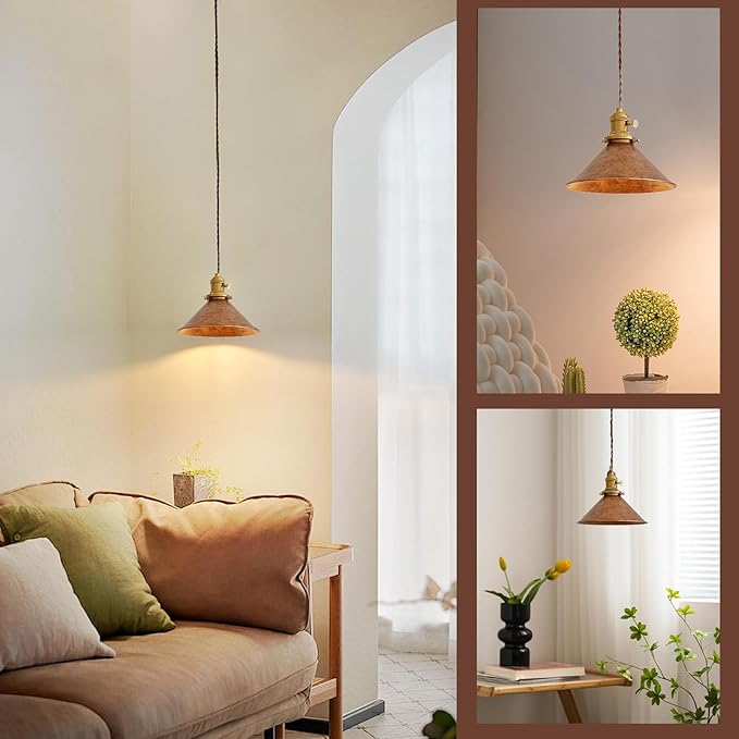 Hanging Pendant Light Rusted Copper Lampshade with Adjustable 6.5Ft Cord Pendant Ceiling Lights Retro Antique Hanging Light for Kitchen Island Living Room and Dining Room