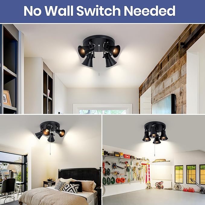 SEEBLEN 4-Light Industrial Track Lighting with Pull Chain On/Off Switch, Adjustable Round Kitchen Ceiling Light, Morden Black Flush Mount Directional Light for Kitchen, Hallway, Dining Room.
