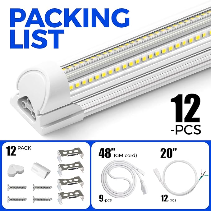 Barrina LED Shop Lights, 8FT 100W 15000LM 6500K, Super Bright White, V Shape, Clear Cover, High Output, Linkable, T8 LED Tube Light, for Garage 8 Foot with Plug (Pack of 12)