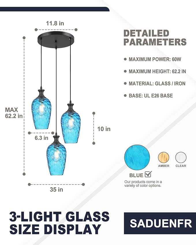 3-Light Pendant Lighting, Black Dining Room Chandelier Light Fixture Over Table with Blue Hammered Glass, Modern Cluster Hanging Lights for Kitchen Island Sink, E26