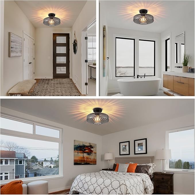 Semi Flush Mount Ceiling Light, 11.8 Inch Smoke Grey Glass Ceiling Light Fixture, Farmhouse Hallway Lighting Fixtures for Kitchen, Foyer, Bedroom, Bathroom, Dining room, E26 Base (Bulb Not Included)