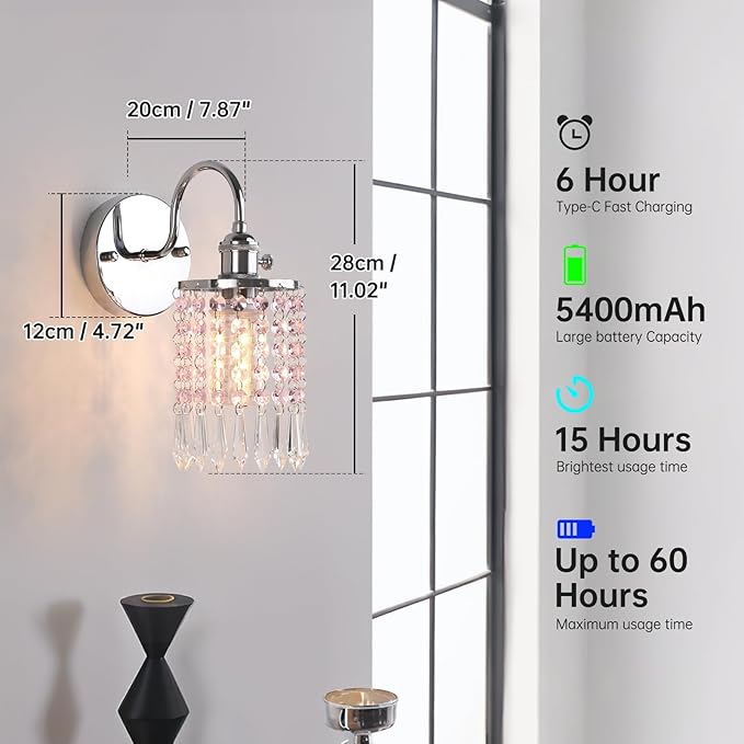 Shenmoyl Set of 2 Crystal Battery Operated Wall Sconce, Rechargeable Battery Powered Wall Lamp with Remote Control, Modern Dimmable Wall Lights for Bedroom Bathroom(Pink, Silver Base)