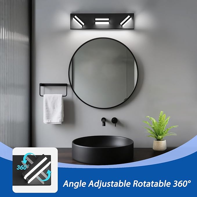 IZORRO LED Modern Bathroom Lights Fixtures(3-Light,Dimmable,360°Rotate),Matte Black Acrylic Wall Lighting,Vanity Lights for Bathroom Over Mirror - 6000k 16In （No Assembly Required）