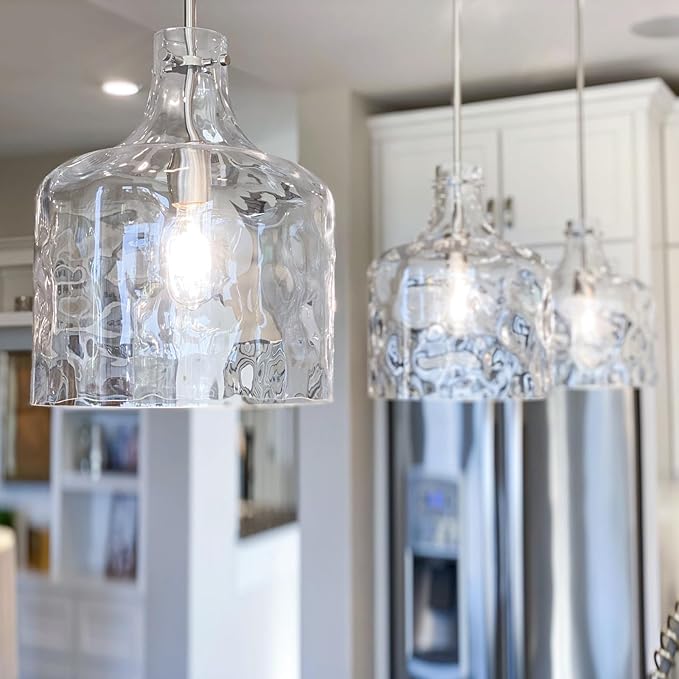 CATINER Extra Large 16" Vintage Farmhouse Pendant Light – Hand-Blown Clear Hammered Glass Shade, Adjustable Chain Hanging Light for Kitchen Island, Hallway, Dining Room, Chrome