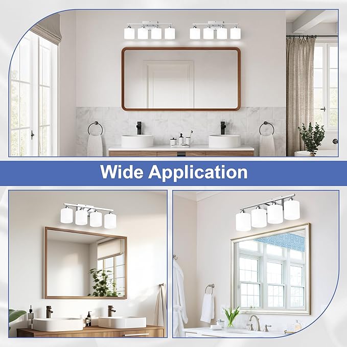 Bathroom Lighting Fixtures Over Mirror, Anti-Rust Vanity Light Fixture for Bathroom, Modern 4-Light Wall Sconce Light for Living Room, E26 Base, Milky White Glass Shades, Bulbs Not Included