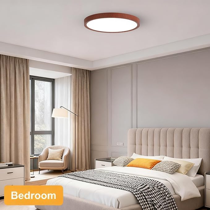 COTULIN 12 Inch LED Wood Grain Flush Mount Ceiling Light Fixture, Modern 22W Round Flat Overhead 3000K-4000K-6000K Selectable Ceiling lamp for Bedroom, Living Room, Kitchen, Entryway